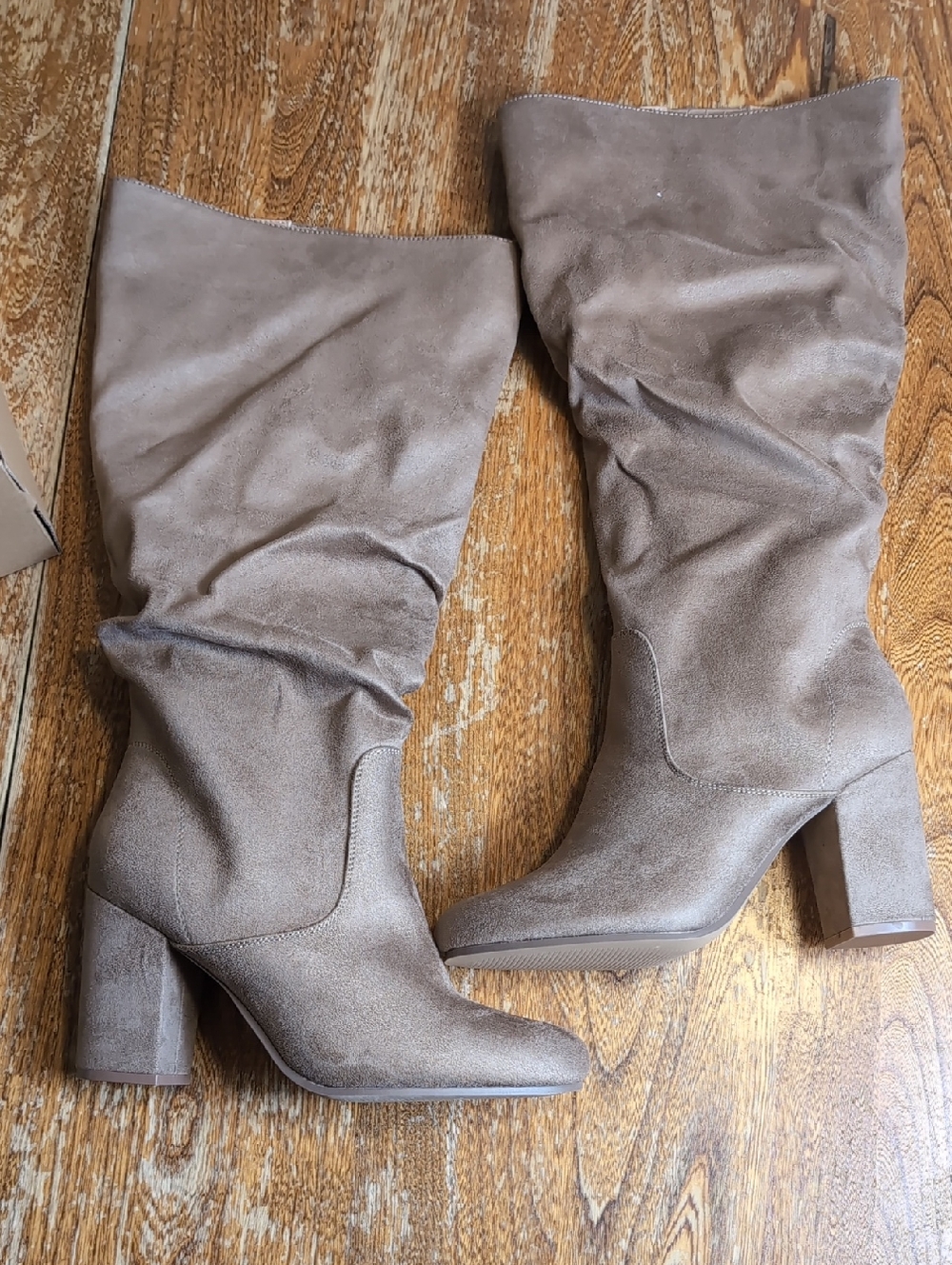 Women's Taupe - Mushroom Faux Suede Slouch Block Heel Wide Calf Boots